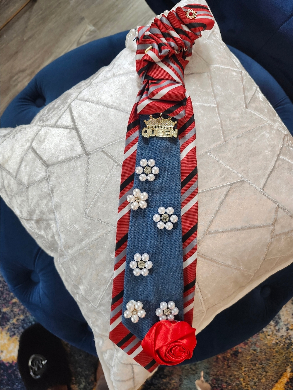 Red Striped Custom Made Pearl-Embellished Statement Tie with Rhinestone Accents